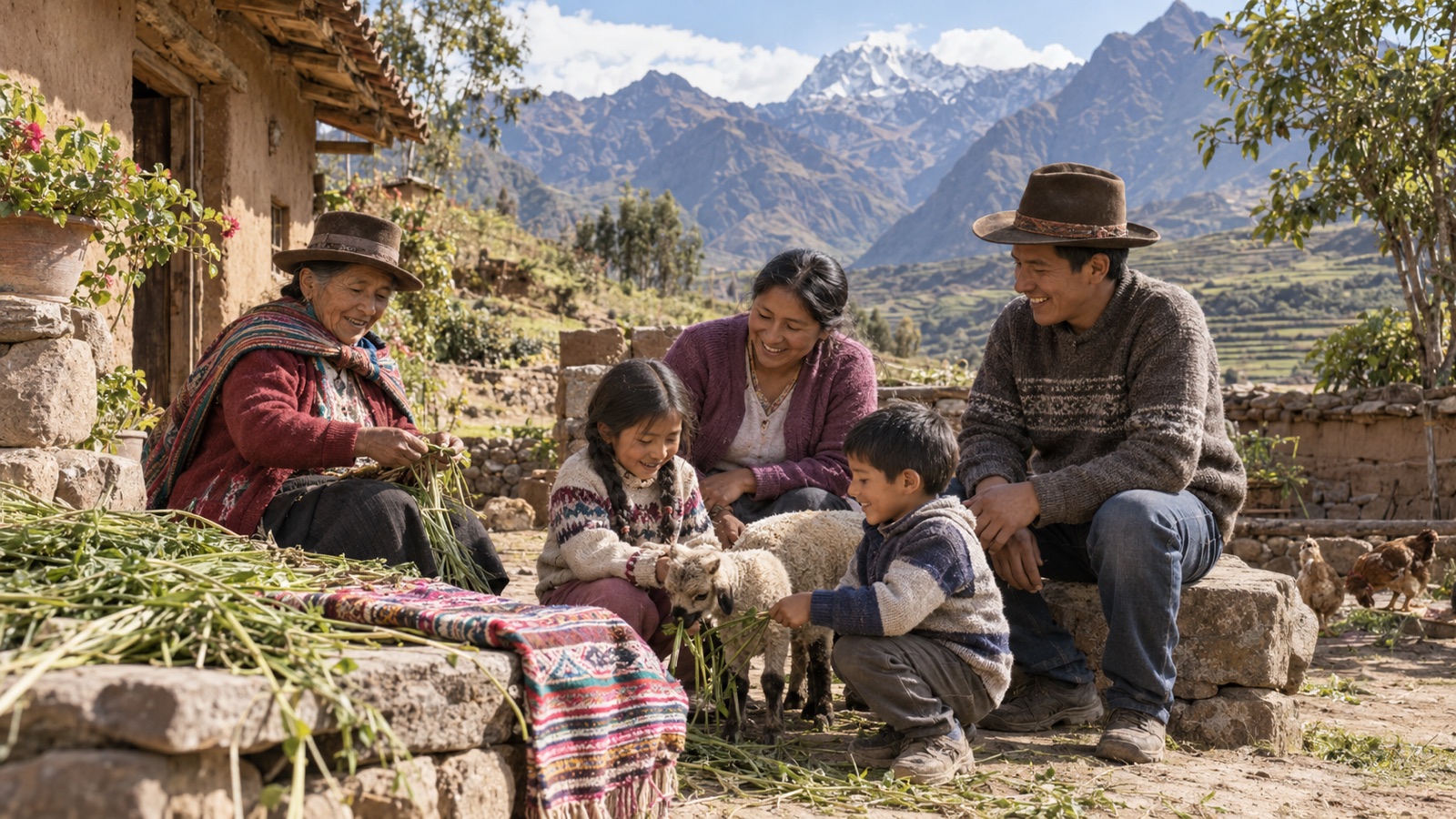 Escena creada con IA: una familia conversa en un patio de adobe con el valle andino al fondo.